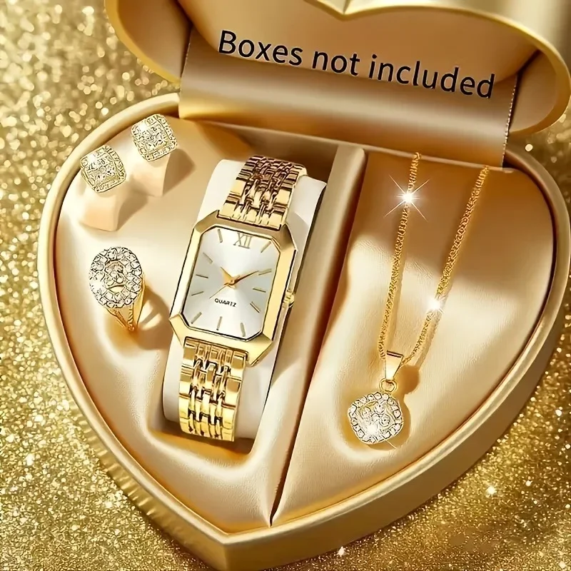 2026Women Gold Roman Rectangle Watch + Square Crystal Earring Ring Necklace 5Pcs Jewelry Gift Set