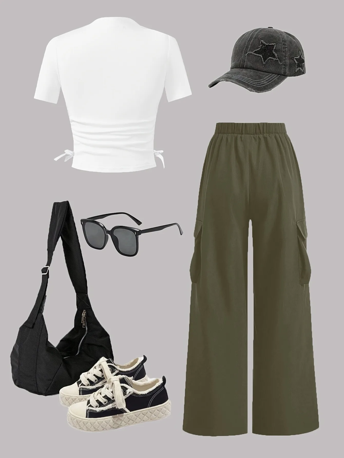 Trendy Tween Girls 2Pcs Star Print Ruched Crop Top & Olive Cargo Pants Set Kids Summer Streetwear Casual Co-Ord