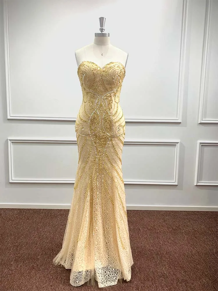 Gold Sequined Strapless Mermaid Evening Dresses Backless Beading Crystal Lace Tulle Formal Party Prom Gown Vestidos De Fiesta