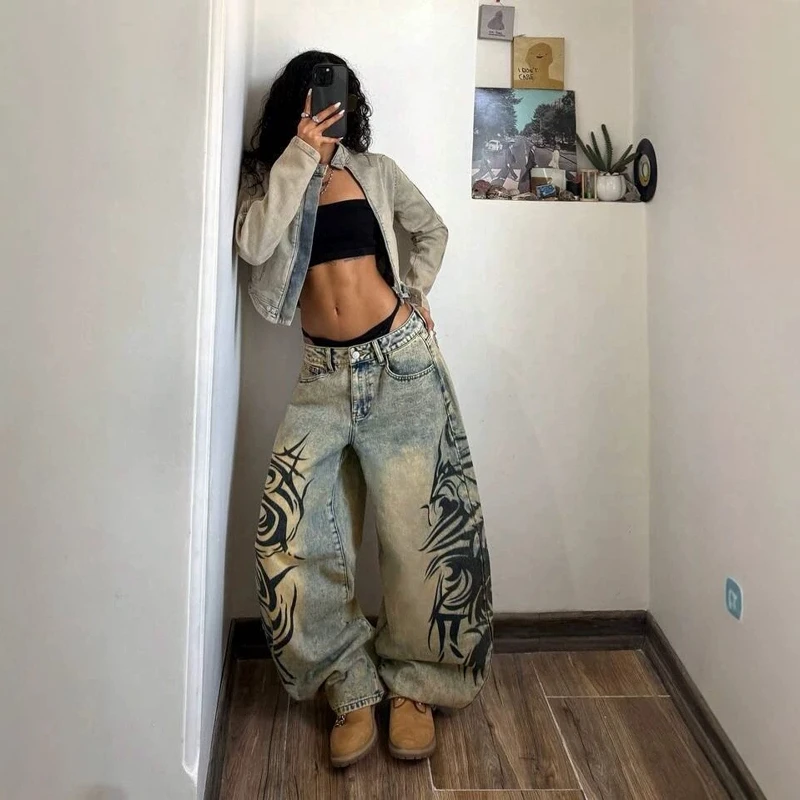 2026 Summer New Vintage Mud Fade Jeans Side Abstract Tribal Print High Waist Loose Wide Leg Euro American Daily Casual Pants