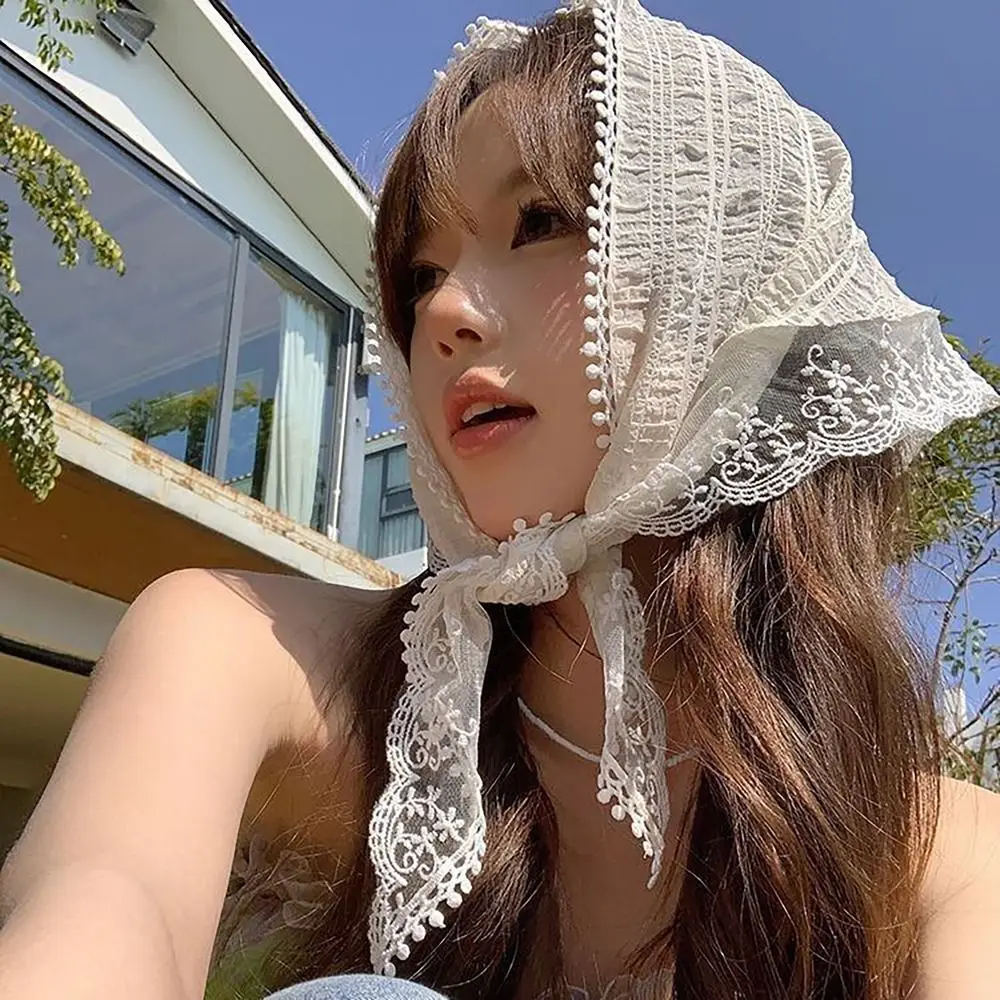 Fashion Lace Headscarf Triangular French Pastoral Style Headband Towel Fringe Sun Protection Headband Women