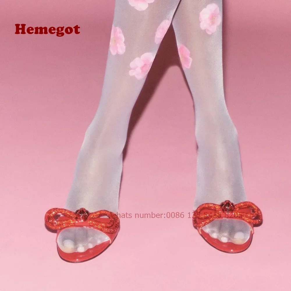 

Red Butterfly-Knot Crystals Slippers Kitten Heels Open Toe Women's Slippers Glossy Rhinestones Bling Party Wedding Shoes