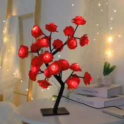 24 LED Red Rose Tree Lights Table Lamp Fairy Flower Night Light for Home Party Christmas Wedding Bedroom Decoration Gift