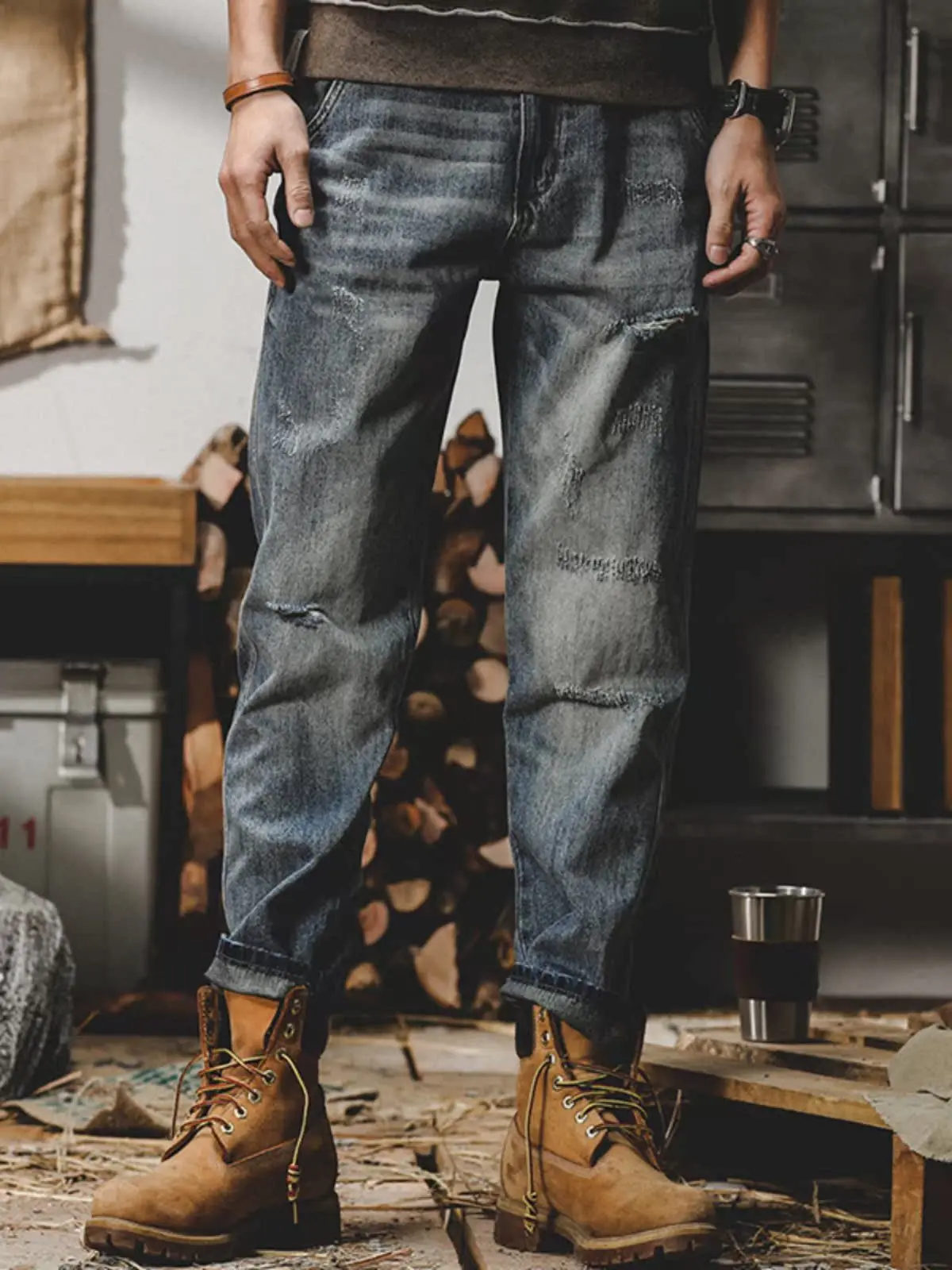 

Retro American Men's Jeans Straight Leg Casual Loose Fit Autumn Long Pants Trendy Brand Hole Design Comfortable Cotton Denim