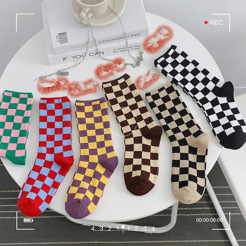 

Autumn Winter Internet Celebrity Chessboard Checkered Socks Women's Fashion Mid Tube Plaid Socks Cotton INS Japanese Socks