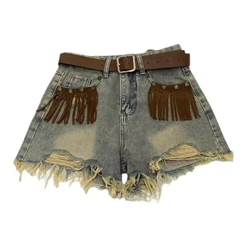 レトロタッセルリッピングリッピング女性デニムショーツインゴスファッションハイストリート夏ルーズワイドレッグパンツ A ラインショーツ