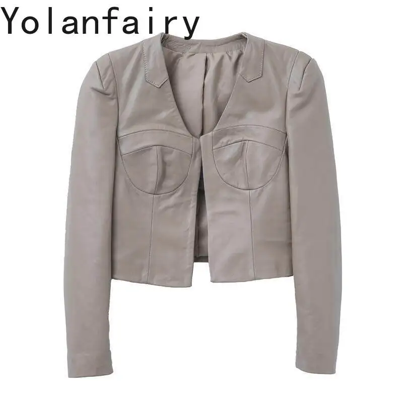

YOLANFAIRY 2026 Fall New Women Short Genuine Leather Jacket Real Sheepskin Coat Khaki Slim Fit Cardigan Long Sleeve Outerwear