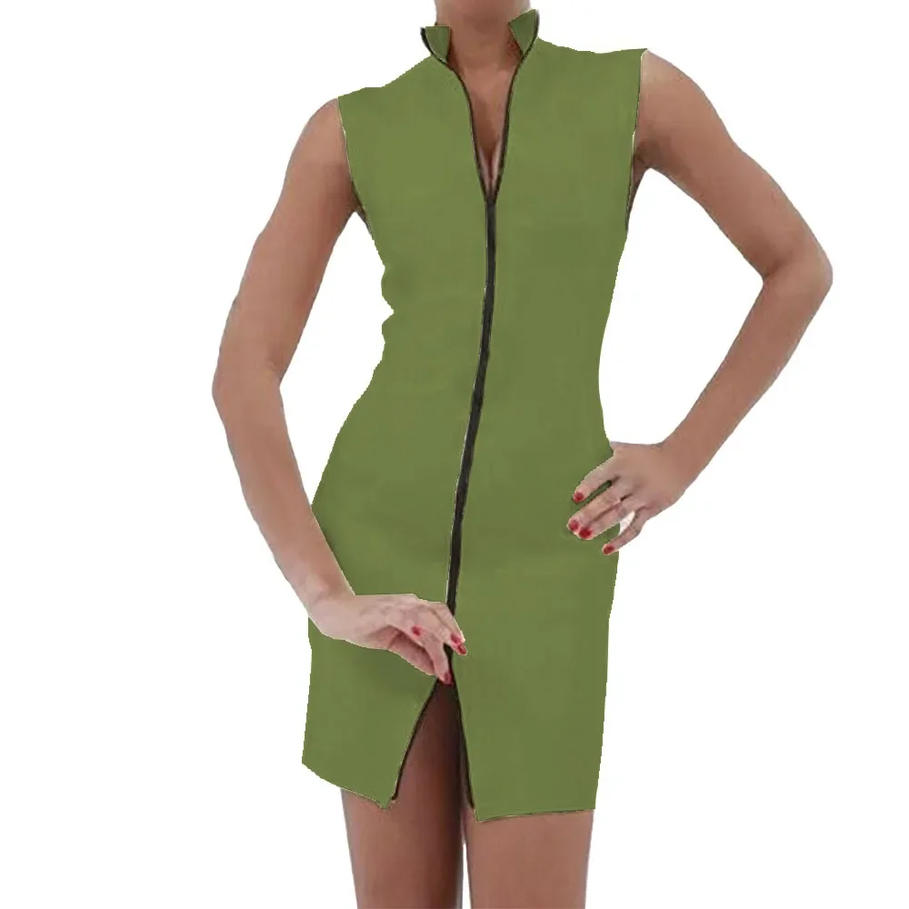 Sleeveless Tank Dress with Front Zipper, V-neck, Short, Straight, Spandex, PVC, Leather, Novelty Casual, Slim, Dancewear