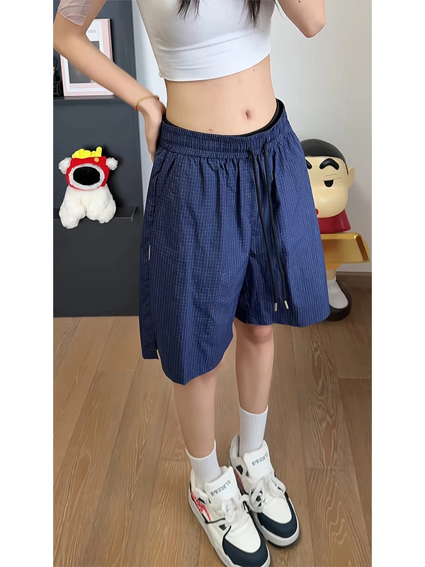 

Loose Fit Ice Silk Linen Shorts Unisex Spring Summer Beach Plaid Pants Wide Leg Five Inch Shorts Comfortable Breathable