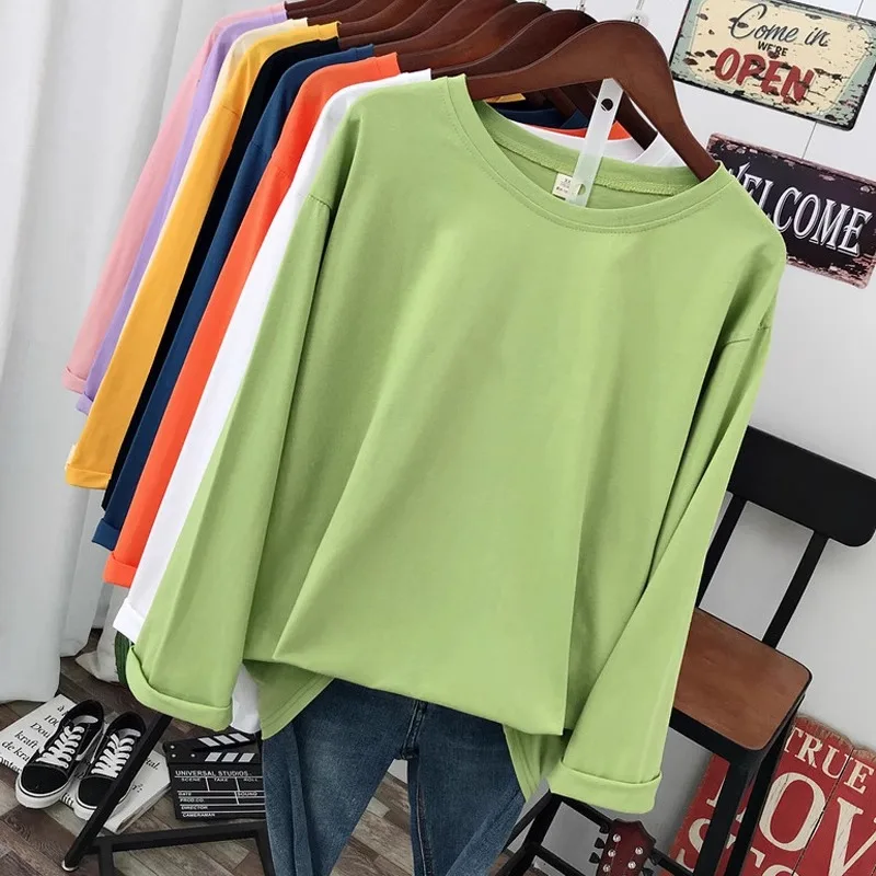 DAYIFUN Plus Size L-5XL T-Shirts Solid O Neck Tshirts Long Sleeve Women Top Tees Basic Spring Autumn Couple 100% Cotton T Shirts