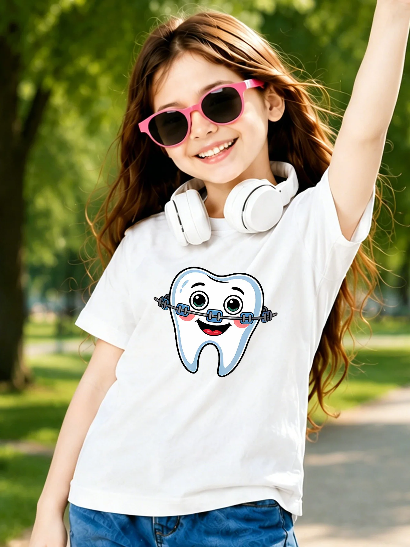 Cute Braces Teeth Print Boys Girls Short Sleeve Tee Parent Match Soft Cotton Kids Funny Oral Care Daily Casual Fashion T Shirts