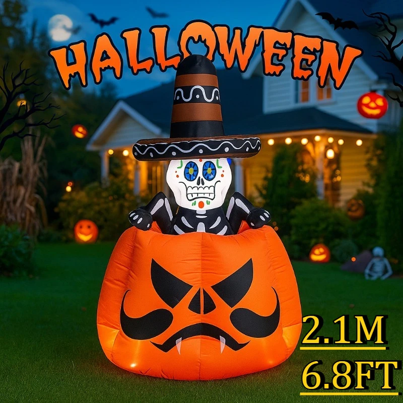 

6.8FT Halloween Holiday Lighting Inflatables Toy Animated Skeleton Man in The Pumpkin Rising Built-in LEDs Outdoor Yard Decor