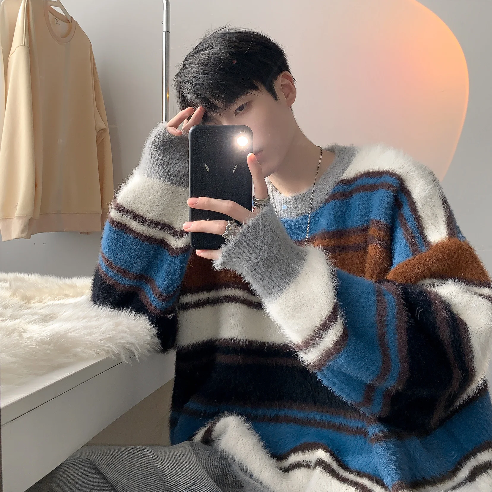

American Color Blo Striped Men's Knitwear Casual round Ne Spring Autumn Leisure Camere Sweater Comfortable Long Sve
