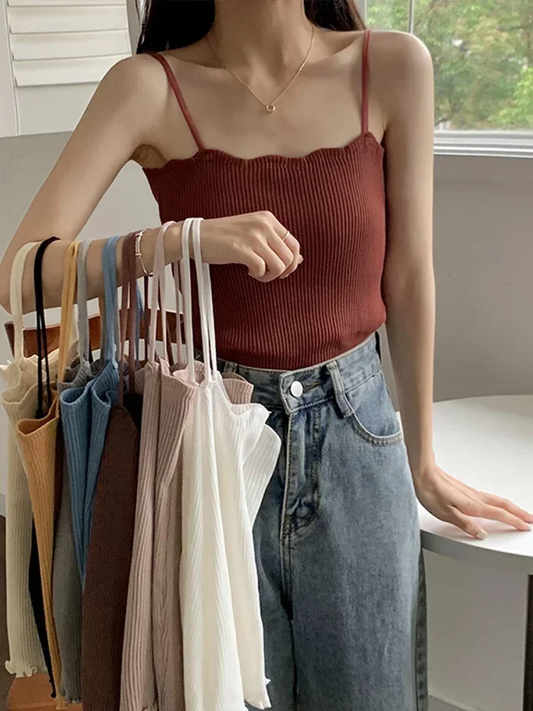 المرأة الصلبة الكشكشة محبوك قمصان بسيطة السباغيتي حزام لطيف القمم عادية عارية الذراعين الصلبة المحاصيل القمم موضة جديدة