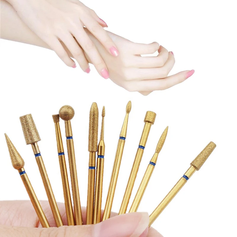 Brocas de diamante dorado para uñas, fresa eléctrica para manicura, limpieza de cutículas, rebabas rotativas, cabezal de esmalte, herramienta limpiadora de uñas