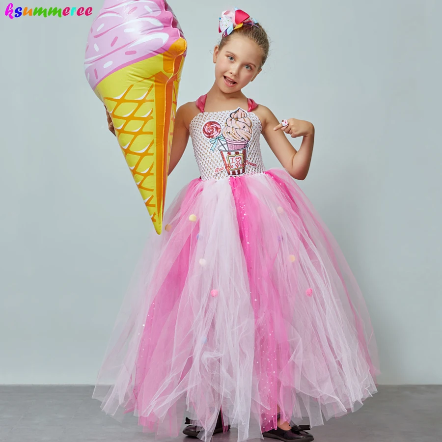 

Ice Cream Sweet Candy Girls Tutu Dress with Hair Bows Kids Birthday Tutu Costume Pageant Princess Gown Dress Lollipop Dress