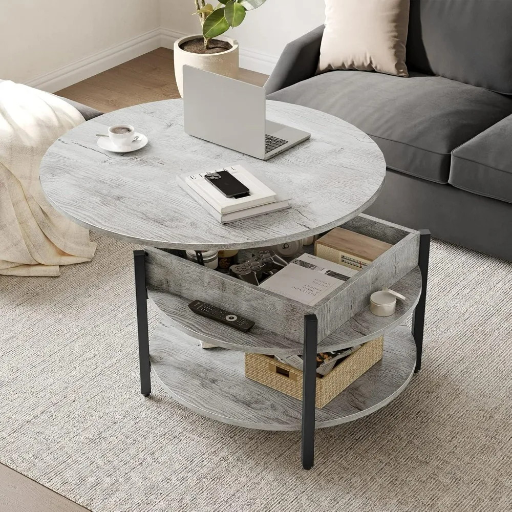 5.43-inch round coffee table with storage space, 2-story large round dining table in farmhouse, made of wood, gray