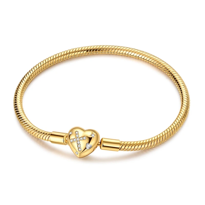 Hot Sale 925 Sterling Silver 17-20CM Bracelet Gold Plated Love Cross Charms Beads Bracelet Fit Charms DIY Birthday Jewelry Gift