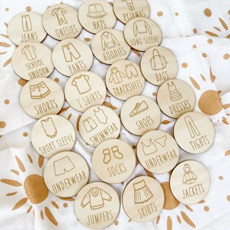 16 Pieces Wooden Wardrobe Labels Kids Clothing Tag Toy Storage Tags   Gift Decoration Bedroom Classification Label Baby Gifts