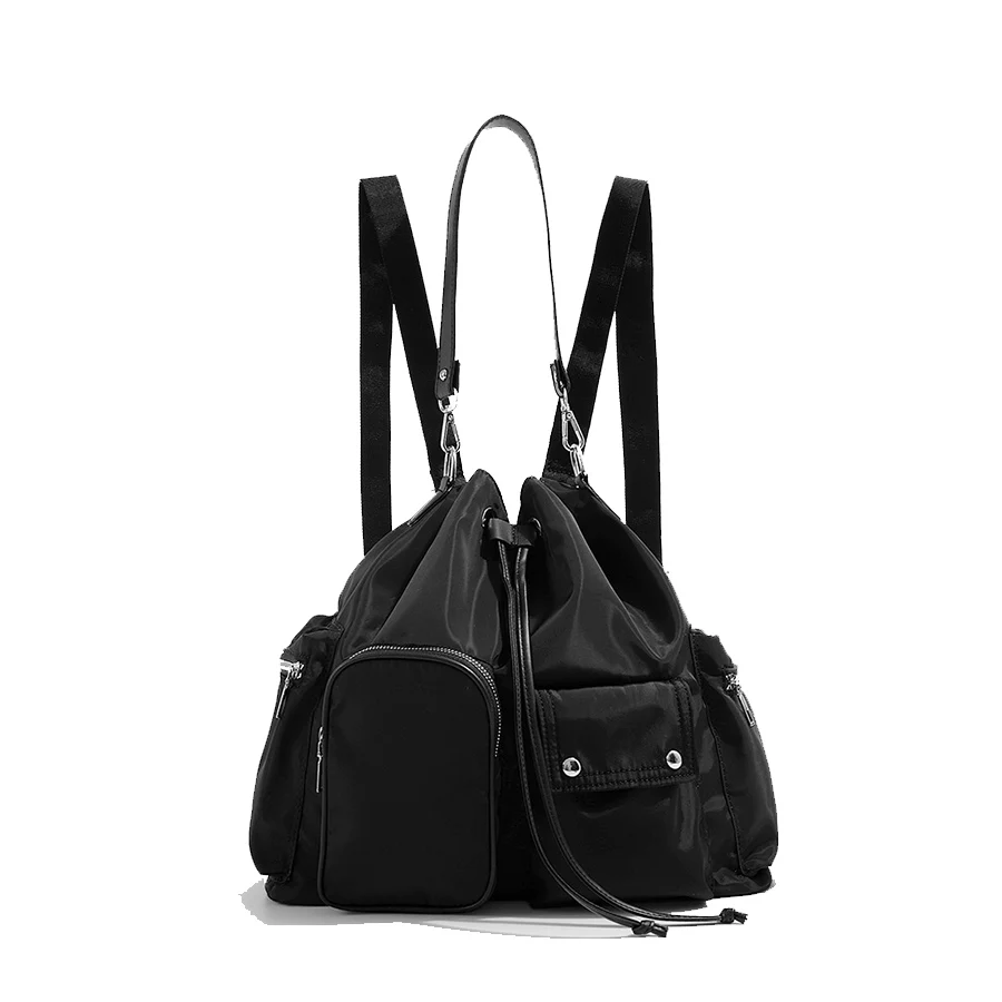 Casual Lady Backpack New Design Multi-Pocket Drawstring Tote Bag Lightweight Black Shoulder Bag Daily Commuting Crossbody Bags