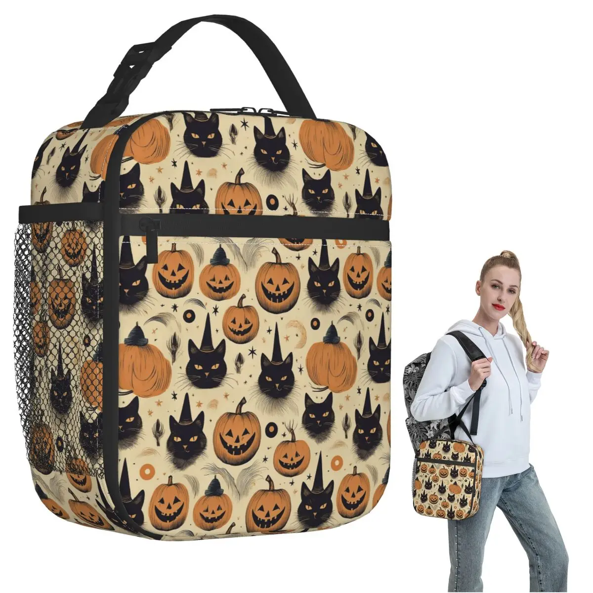

Термосумка для обеда с узором на тему Хэллоуина: ведьма, черная кошка, тыква, для женщин и детей, герметичная, для еды, термосумка-тоут