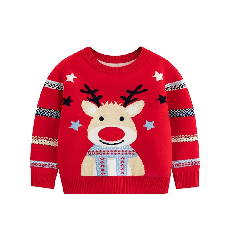 

New Year's Costume 2025 Winter Children Christmas Sweaters Cute Elk Print Warm Soft Knitwear Boy Girl Jumpers Xmas Look Pullover