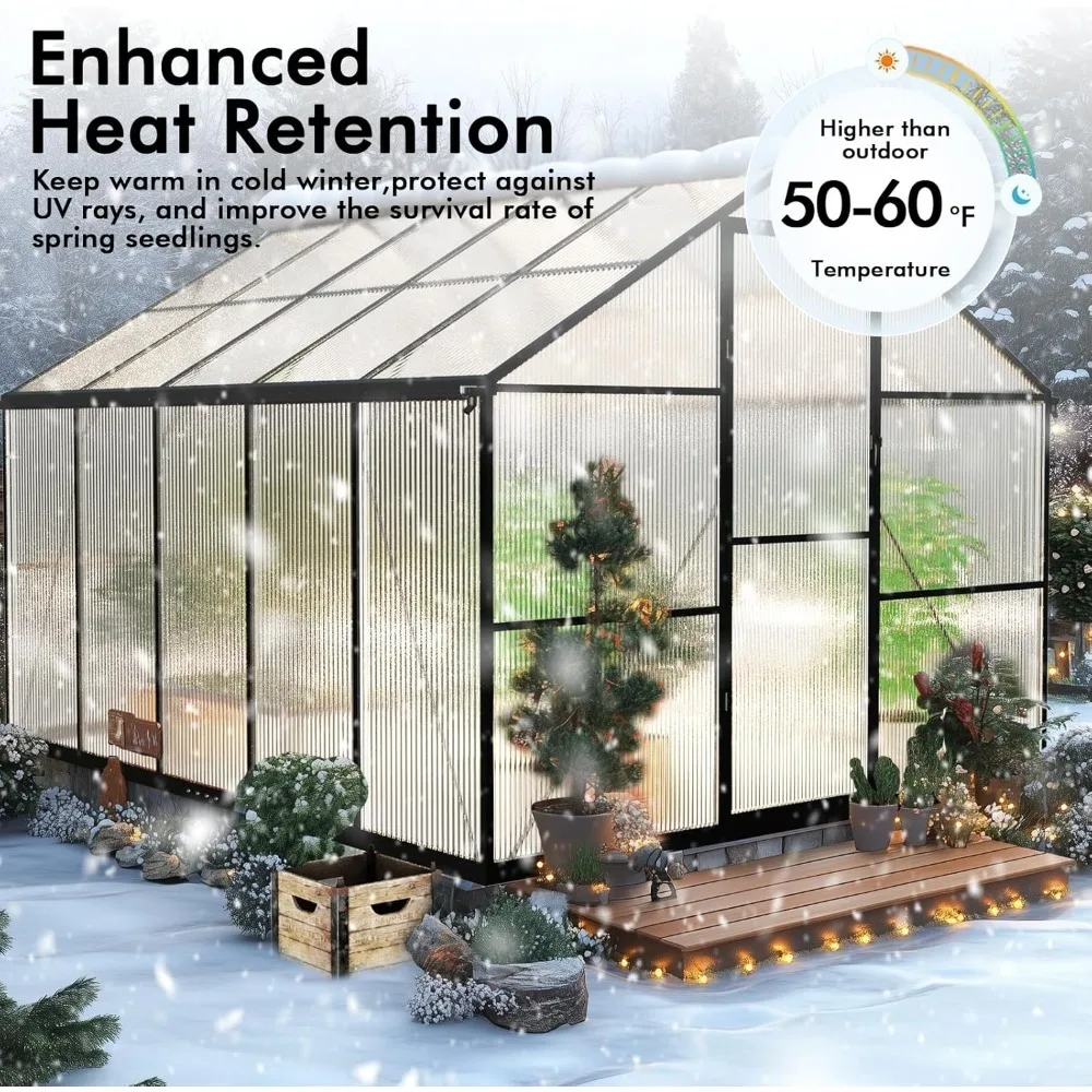 Walk-in Heavy Duty Greenhouse for Winter Garden Planting, Enhanced Aluminum Frame Greenhouses Kit Withstands Strong Wind or Snow