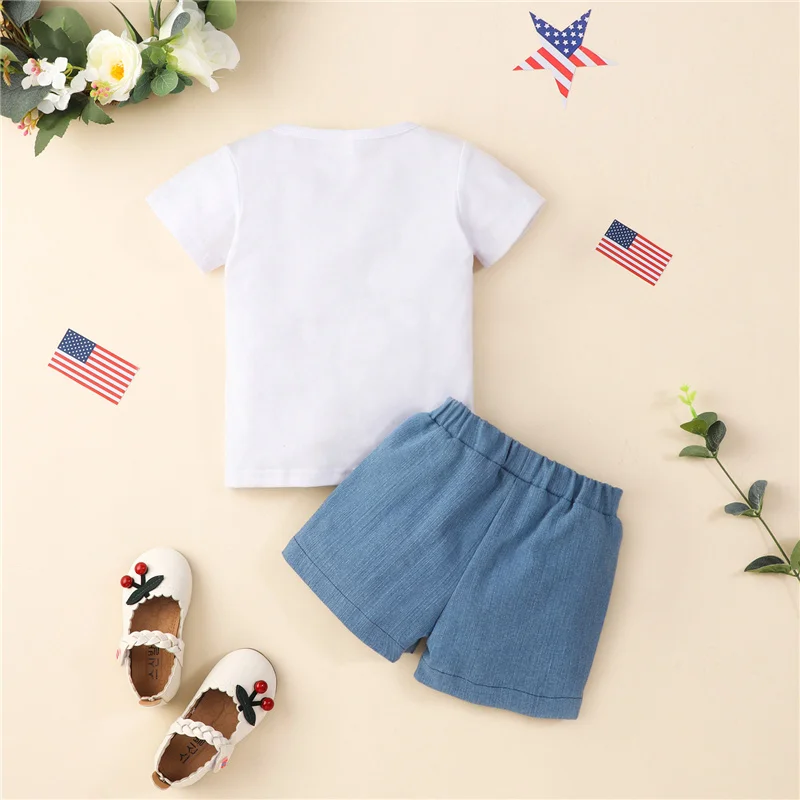 Kids Independence Day Two-Piece Suit, Toddler Letter Flag Print Short Sleeve T-shirt Tops + Patchwork Pattern Shorts, 1-5Years