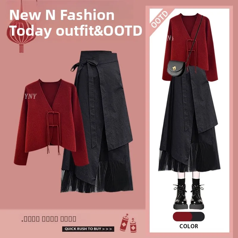 

Red Chinese Sle Sweater with Button Design Top And Slimming f Skirt Set for New Year Celebration High Waist A-Line Skirt