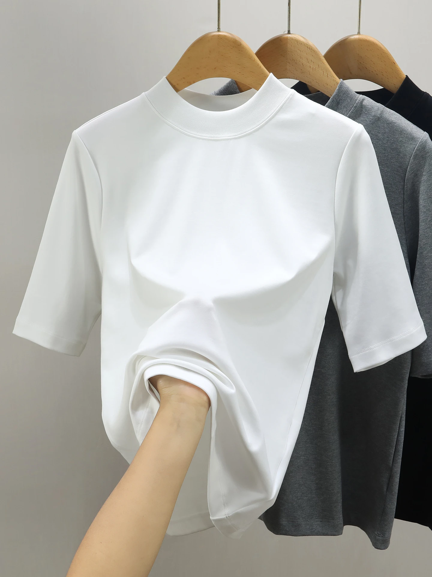 

Loose Fit Pure Cotton T-irt Women's Five-Quarter Sve Regular oulder ort Sve f High Collar Slimming Base irt ...