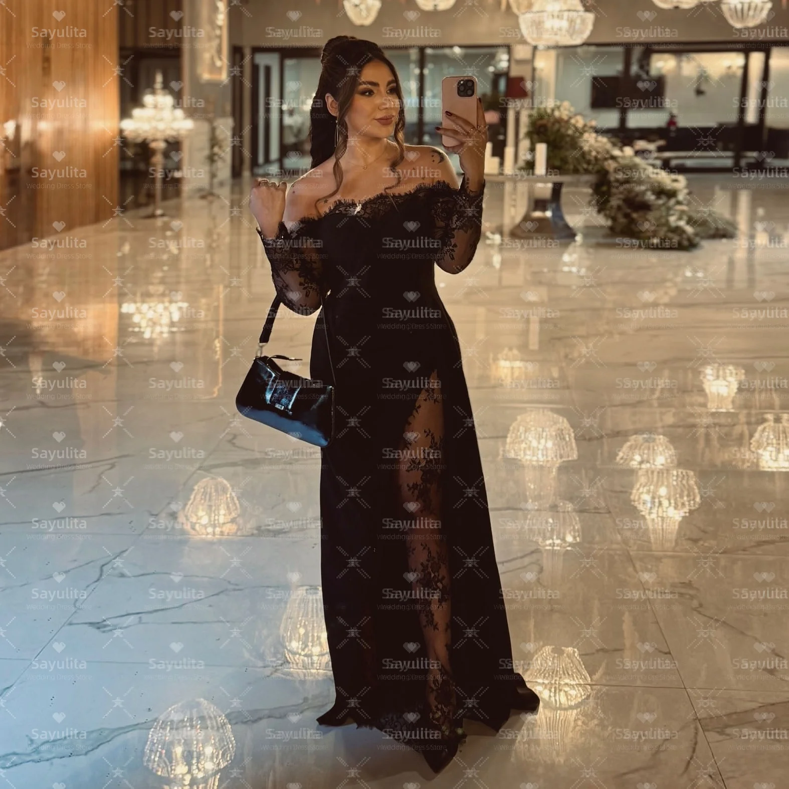 Sayulita elegante vestido de fiesta con cuello barco vestidos de graduación de encaje de manga larga vestidos de noche mujeres sauditas banquete especial personalizado