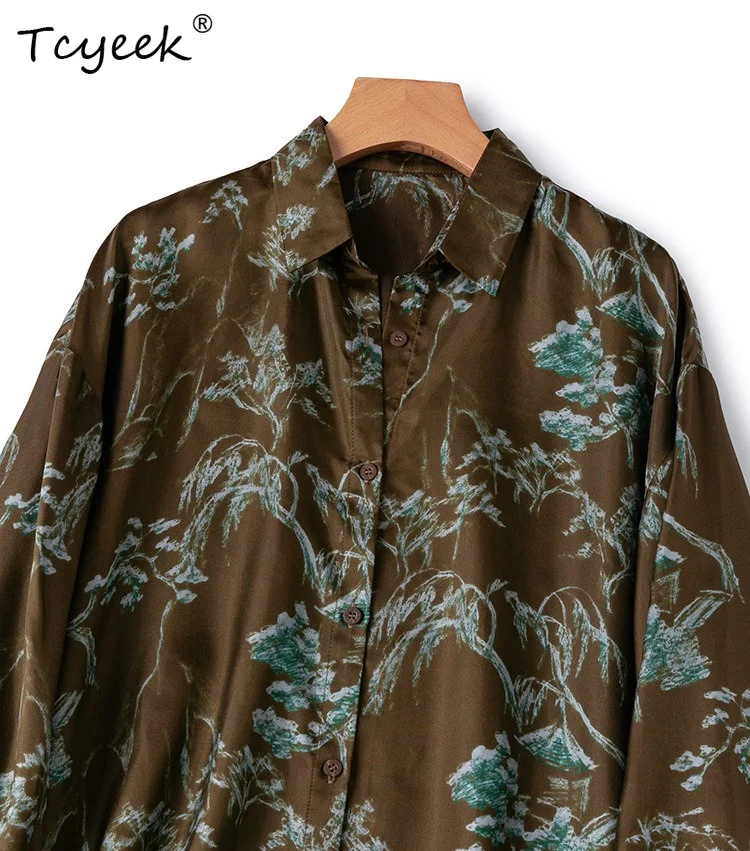 

Tcyeek 100% Mulberry Silk Shirt Summer Clothes Elegant Womens Blouses Mid-length Long Sleeve Top Women Print Loose Fit Chemises
