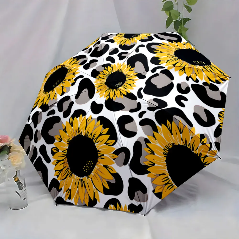 1PC Sunflower and Leopard Print Designer Umbrella Print 8 Iron Ribs Folding Umbrella Auto-Open Fashion Sunshade