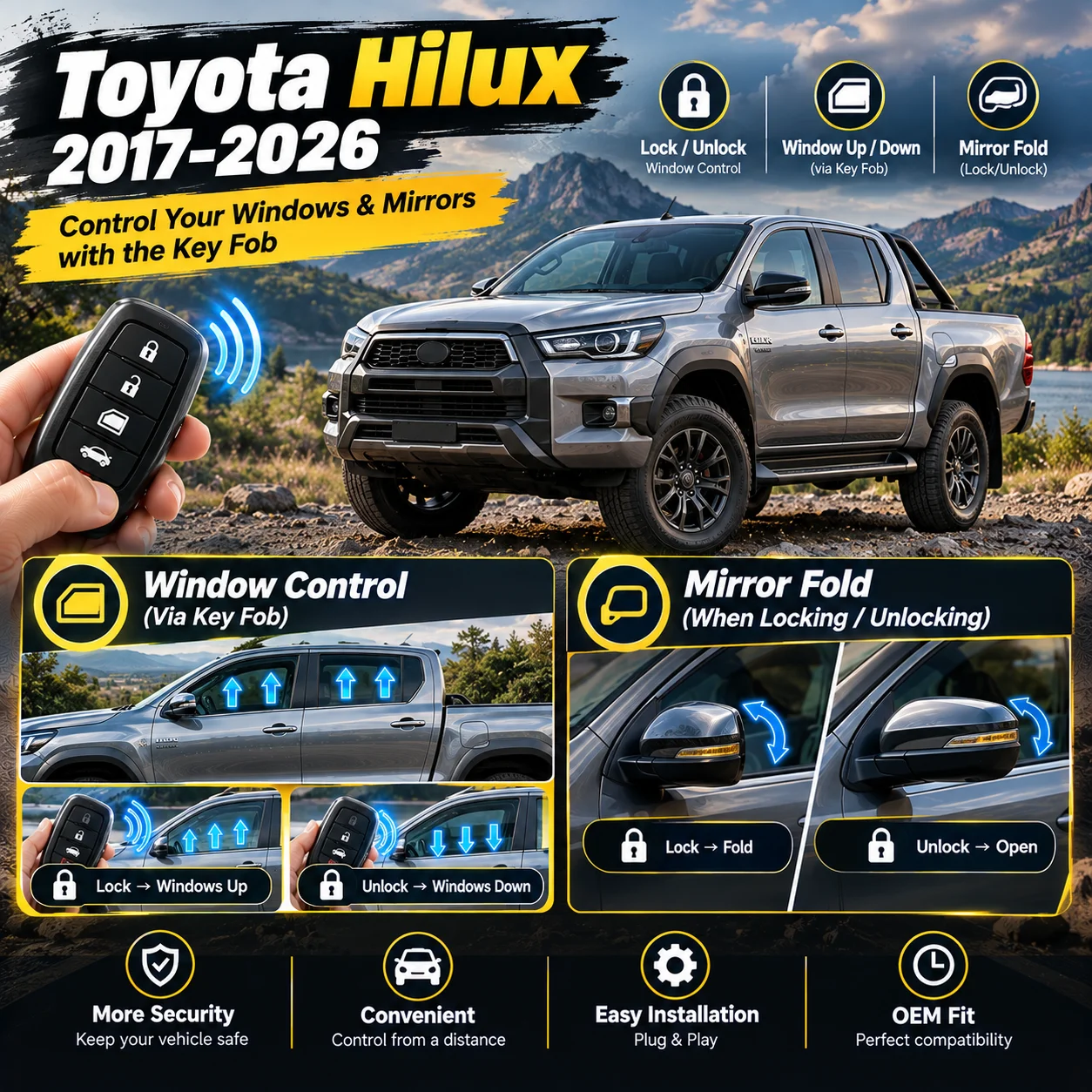 Automatic window roll-up and side mirror folding module for Toyota Hilux (2017–2026) upon locking
