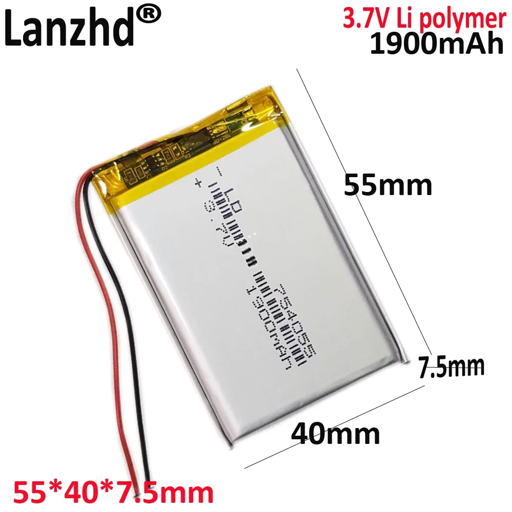 

3.7V lithium ion 754055 For mobile power walkie-talkie TOY POWER BANK GPS mp3 mp4 654055 704055 754155 1900mAh battery