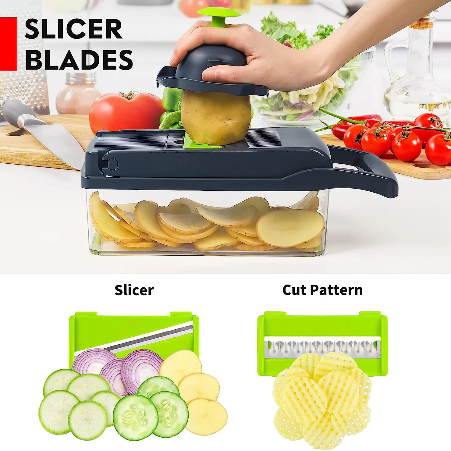 Professional Vegetable Cutter with Filter Basket, Onion Chopper, Carrot Potato Shredders, Garlic Grater, Kitchen Gadget, 12 in 1