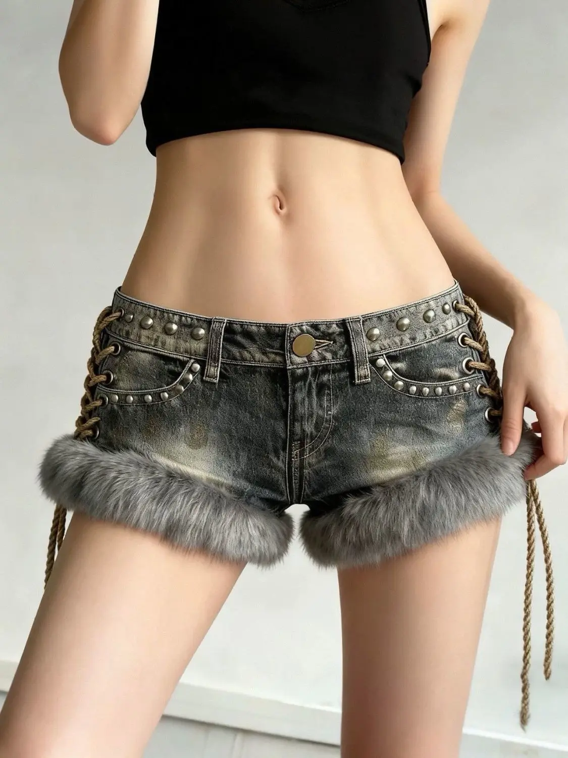 2000S Y2k Spice Girl Shorts Washed Retro Fluff Splicing Rivet Denim Shorts Women's Low Waist Wide Leg Hot Pants