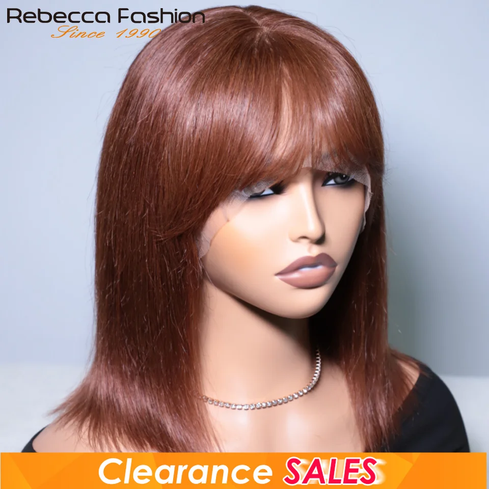 

Short Straight Bob Lace Frontal Wig With Bangs Human Hair Bob Wigs For Women Brazilian Remy Hair Reddish Brown Lace Bob Wigs