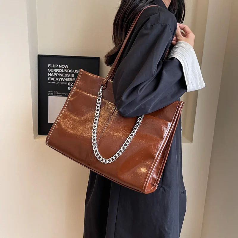 Sac fourre-tout en cuir PU pour femme, sac à main de grande capacité, sac de voyage pour étudiant, sac de travail de bureau pour femme, avertissement à l'huile, mode initiée