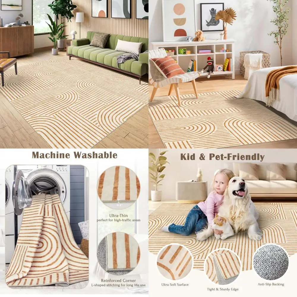 

Washable Area Rug 5x7 - Boho Living Room Stain Resistant Soft Bedroom Ultra-Thin Orange Modern Abstract Rainbow Indoor Carpet fo
