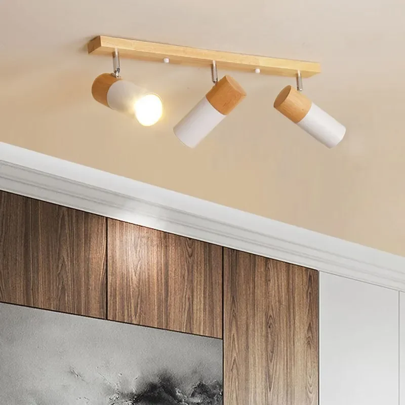 Luz de techo de madera nórdica de un solo cabezal, sala de estar giratorios para tres focos, dormitorio, comedor, guardarropa, accesorio de