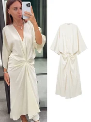 TRAF Elegant Pleated Midi Dress For Women 2024 Summer V-neck Loose Causal Long Dress Fashion Chic Ladies Beach Style Dress