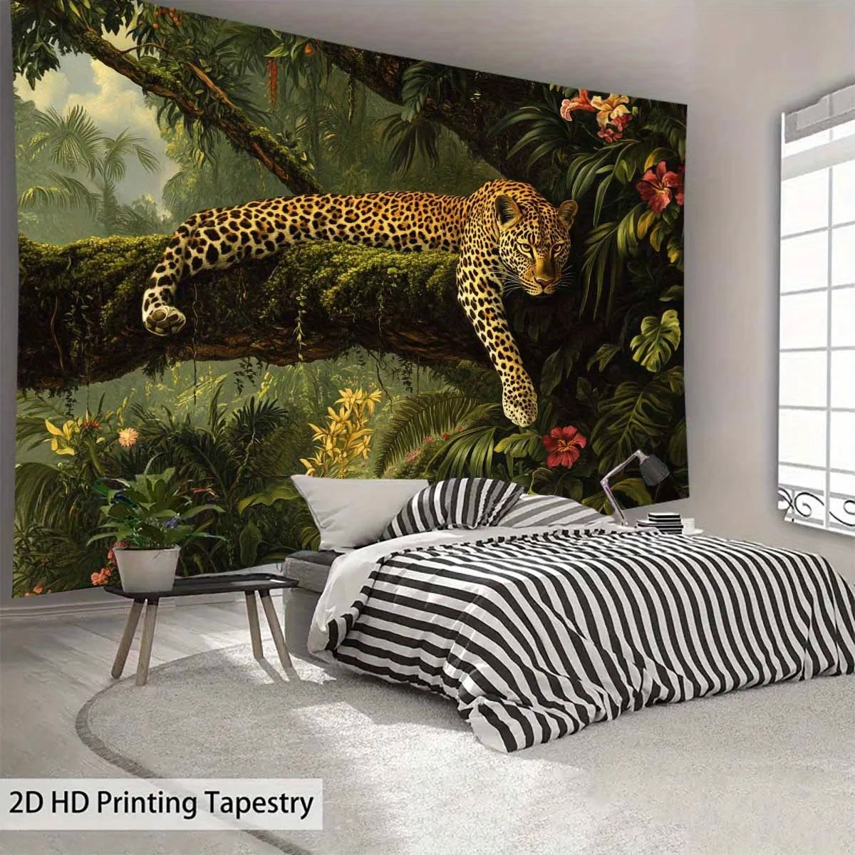 Majestic Jaguar in Rainforest Tapestry, Lifelike Leopard on Mossy Branch Wall Art, Living Room Decor suitable offices bars party