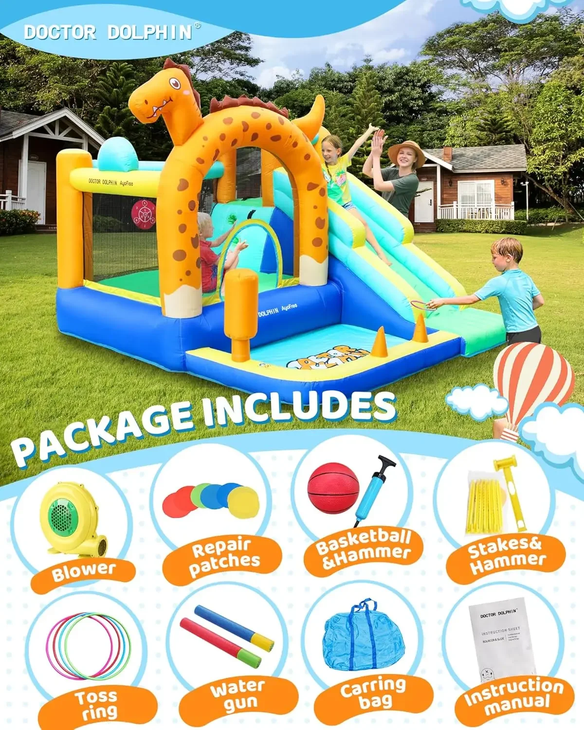 Dolphin Bounce House Slide Dinosaur Inflatable Bouncy Castle Jumping Castle with Tunnels Ball Pit for Toddlers Kids 3-8 Y