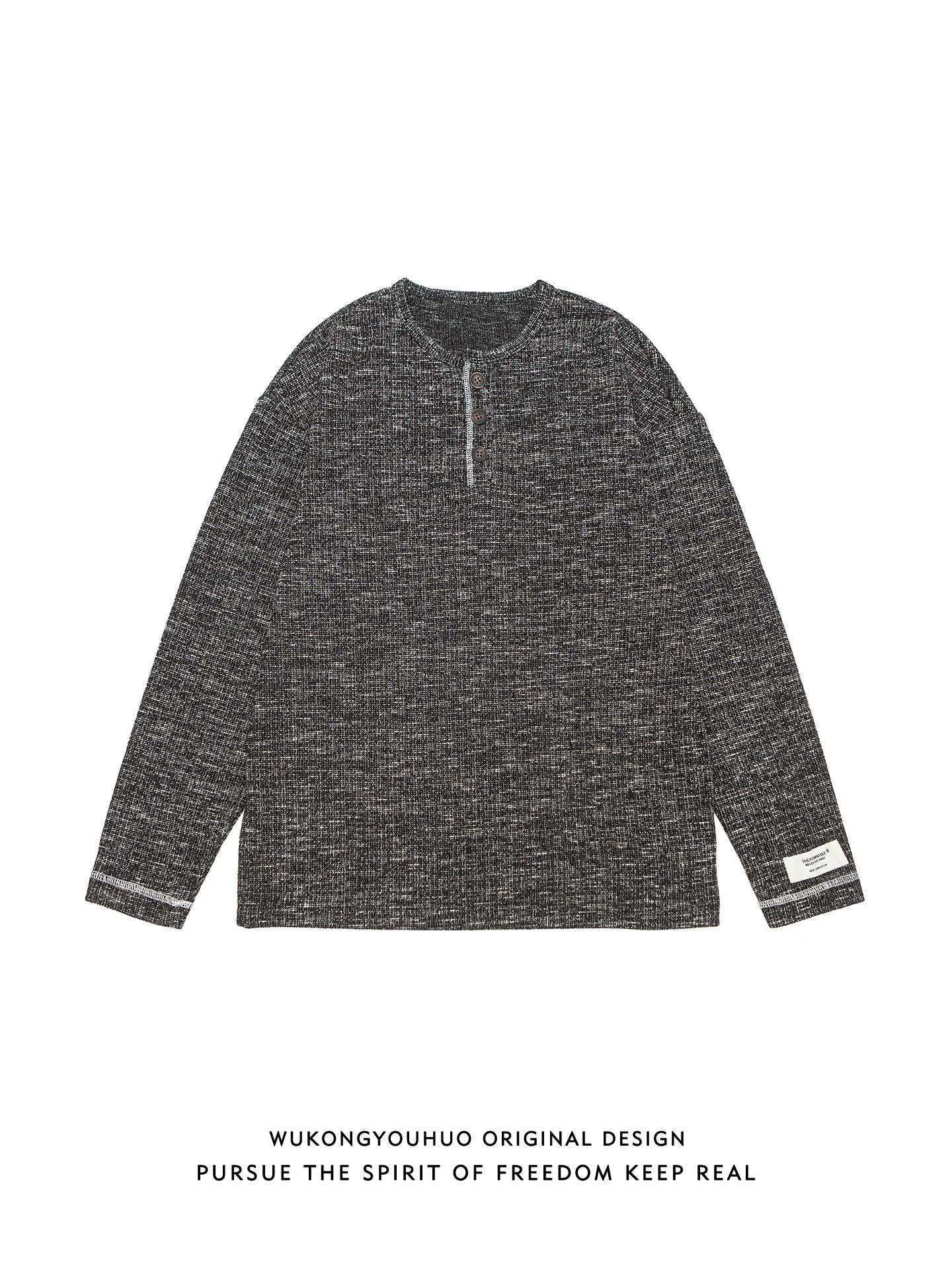 

Spring Vintage Texture Henry Collar Long Sve Loose Overhead T-irt ex Trendy Brand Couple's Wear Polyester Blend