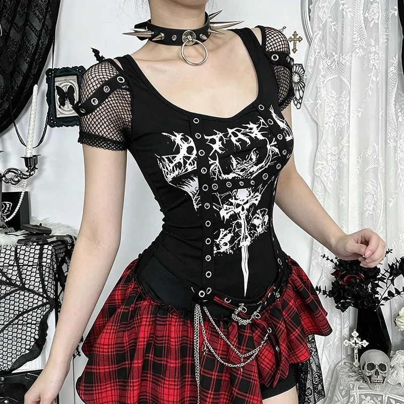Goth Dark Hip Hop Streetwear Fashion Fishnet Patchwork Short Sleeve T-shirts Mall Gothic Printed Slim Tee Tops Y2K Punk T-shirt