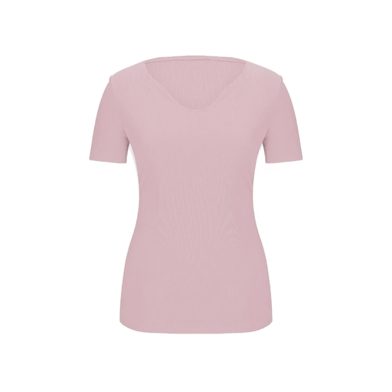Ribbed V Neck Short Sleeve Top For Women Fit Basic Padded Bra Yoga Athletic Shirt