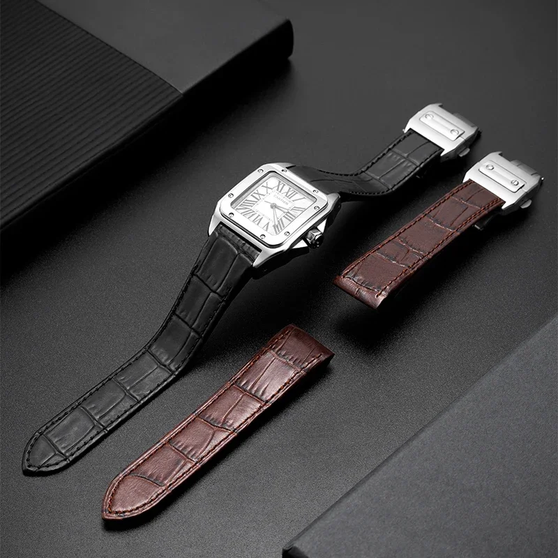 For Cartier Santos 100 20mm 23mm Soft Women High Quality Steel Butterfly Buckle Waterproof Straight Interface Watch Accessories