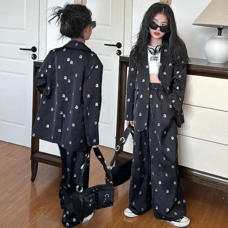 

Girls Suit Autumn FashionChildren Clothing Set Print Loose Blazers Trousers 2-piece School Teen Kids Speech Performance Costume