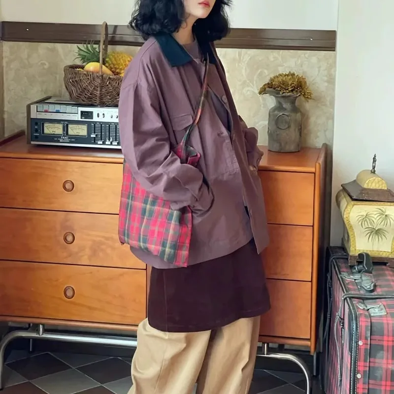 Borse a tracolla Vintage donna rosso verde Plaid borse di grande capacità tela pendolare università multifunzione Harajuku Chic Ins